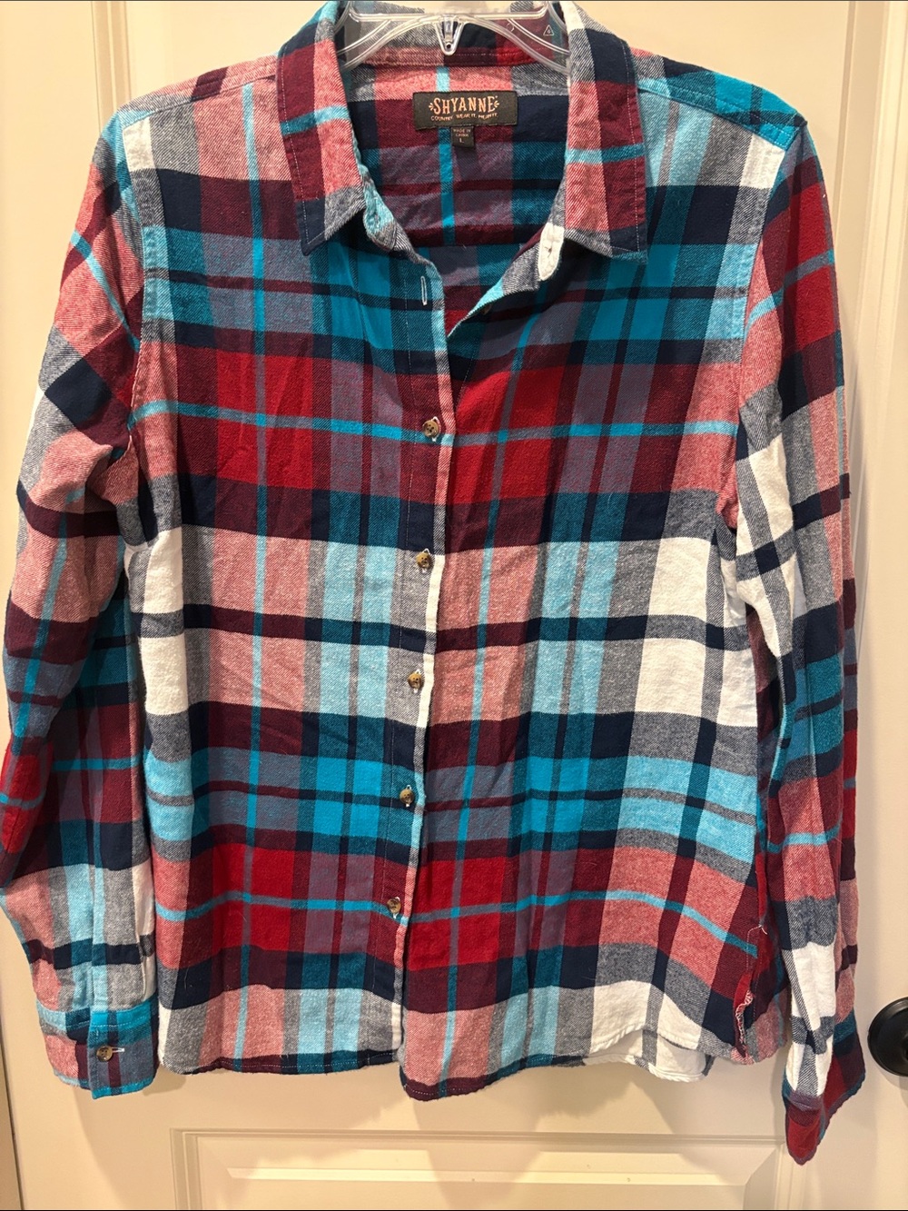 Shyanne Plaid Flannel Button-Up Shirt in Red, Blue & White